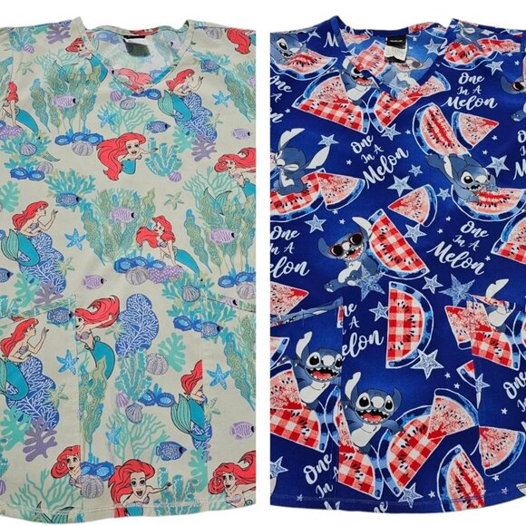 Bundle 2 Disney Scrub Top Size Small Ariel And Stitch Pediatric Med Tech - Picture 1 of 13